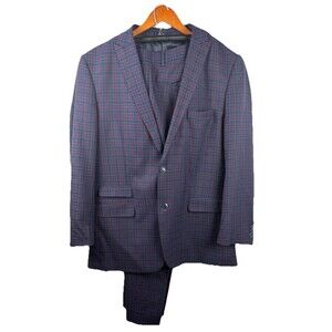 Alain Dupetit Mens two Piece Suit 48L 40x30 Blue Red Plaid formalwear